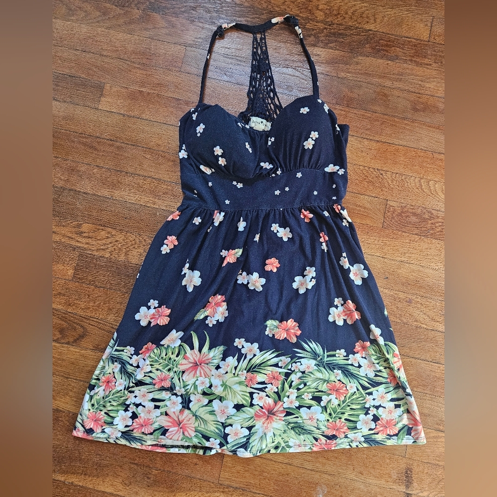 Derek Heart Navy Floral Halter Dress with Lace Detail